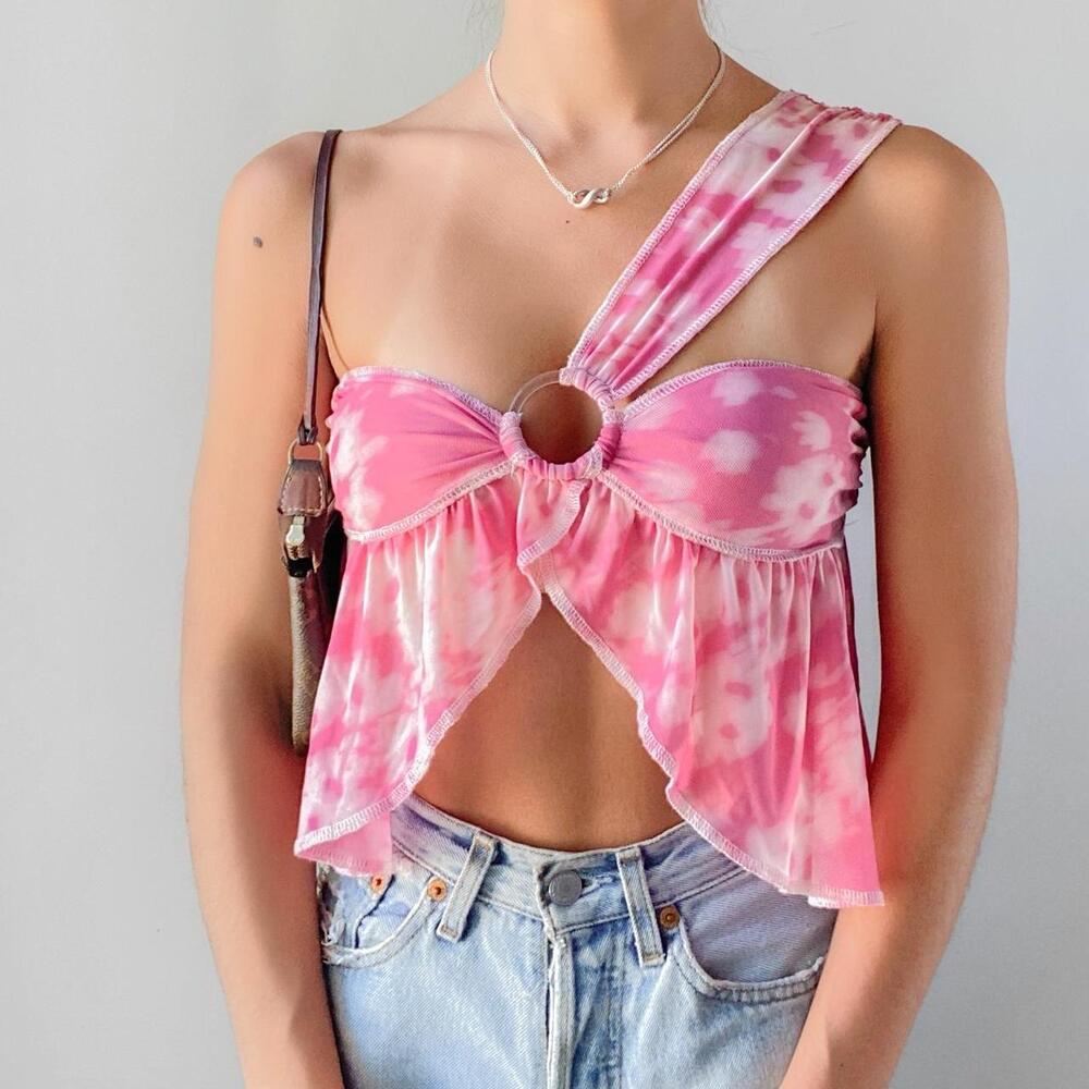 NWT Urban Outfitters Rhodes pink floral asymmetric mesh one shoulder top medium